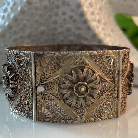 ANTIQUE STERLING VERMEIL FILIGREE CUFF BRACELET - Picture 4 of 8
